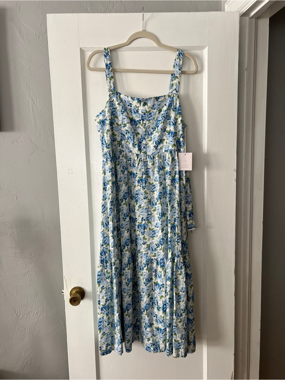 LC Lauren Conrad Blue & White Floral Tiered Maxi Dress